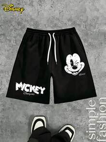Disney Men's Black Drawstring Shorts | American Retro Mickey Pattern Print | Street Casual Style - 黑色 - 查看 6