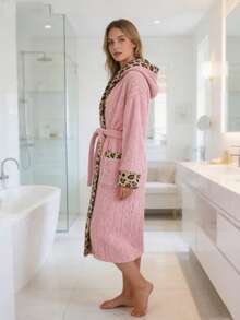 1pc Bathrobe, Loungewear, Sleepwear, Hooded, Pockets, Leopard Print Trim, Unisex, 3D Textured, Fluffy, Soft, Suitable For Bathroom, Bedroom, Living Room, Pool, All Seasons - White - View 14