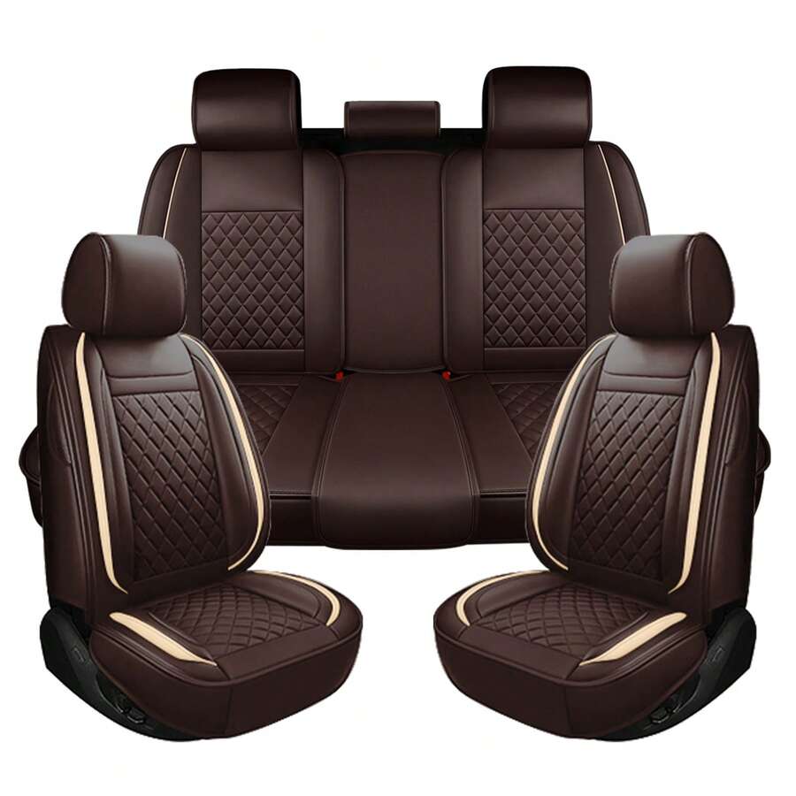 Unique Stylish Car Seat Covers For Women&Men, Waterproof & Wear Resistant Auto Seat Protectors, Easy To Clean Universal Fit Vehicle Seat Cushion Covers For Cars SUV Sedan, All Weather Protection (Brown With Beige Line) - 咖色和米色 - 查看 1