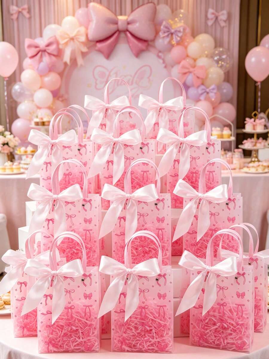 6个粉色蝴蝶结印花礼品袋，哑光礼品包装袋，可重复使用便携礼品袋，婚礼装饰回礼袋，情人节礼物，蝴蝶结生日派对装饰，新娘送礼会装饰，粉色派对装饰，婴儿派对装饰，性别揭晓派对装饰，产品包装袋，小型企业大容量礼品袋，家居收纳袋，房间装饰，生日礼物，派对回礼