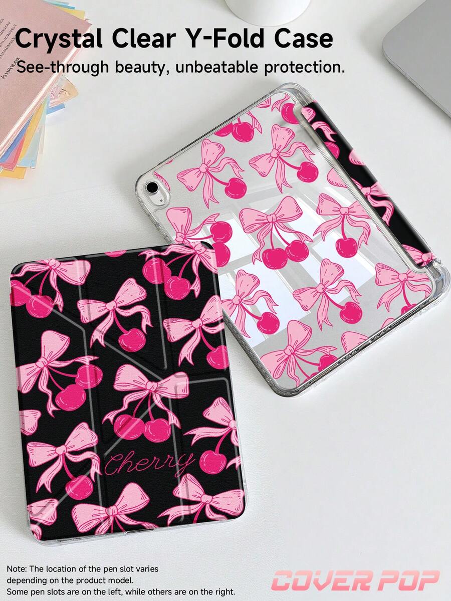 玫瑰蝴蝶结樱桃双面亚克力水晶保护壳，兼容iPad第十代（10.2英寸）、iPad mini 6/mini 7/9.7英寸、Galaxy Tab A7 Lite 8.7英寸、Kindle Paperwhite第十二代（2024款），采用加固硅胶边角，具备自动唤醒/睡眠功能，是馈赠佳品。