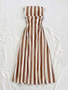 Vestido largo con corte evasé, estampado de rayas verdes y blancas, con diseño de tirantes al cuello y espalda descubierta, con cintura anudada, para vacaciones en una isla tropical - Caqui - Ver 3