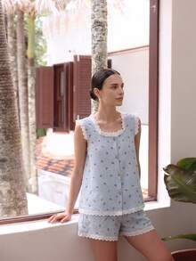 Bộ đồ 2 món mùa xuân/hè kiểu dáng rộng rãi, mở phía trước, in hình bướm, thích hợp mặc ở nhà và đi chơi, chất liệu dễ bảo quản. - Màu xanh lam - Xem 7
