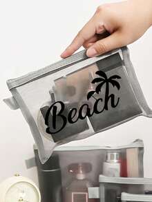 多色時尚網格沙灘包，印有「Beach」文字的化妝包，沙灘主題。大容量透明化妝包，尼龍拉鍊化妝包，輕巧，可存放防曬霜、零食、比基尼和沙灘必需品。春/夏儲物，耐用，非常適合游泳、沙灘、潛水和夏季假期，學生開學，輕巧防曬儲物包，適合朋友、母親節、開學季 - 彩色 - 查看 7