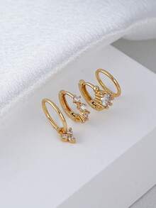 4pcs Cubic Zirconia Inlaid Minimalist Earring Set, Suitable For Women's Daily, Date, Music Festival, Party, Layering Matching - Yellow Gold - View 3