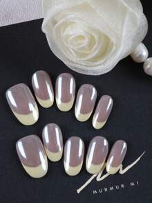 10pcs Pink French Style Minimalist Mirror Surface False Nails, Short Length For Office & Daily Wear, Artificial Nail Set Includes 1pc Nail Sticker Sheet And 1pc Mini Nail File - Multicolor - View 2