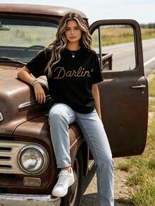 Women's Slogan Graphic T-Shirt, Suitable For Spring And Summer Western T Shirts Western Graphic Tees Women Cowgirl Shirts For Women Dark Academia Clothes Dolly Parton Shirt. Conjuntos De Mujer Elegantes,Camisas Para Mujer,Vacation Outfits Women,Summer - 黑色 - 查看 5