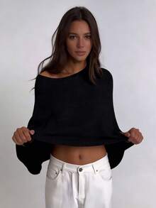 Women's Off Shoulder Poncho Sweater Solid Color Knit Tops Lightweight Shawl Cover Ups - Black - View 3