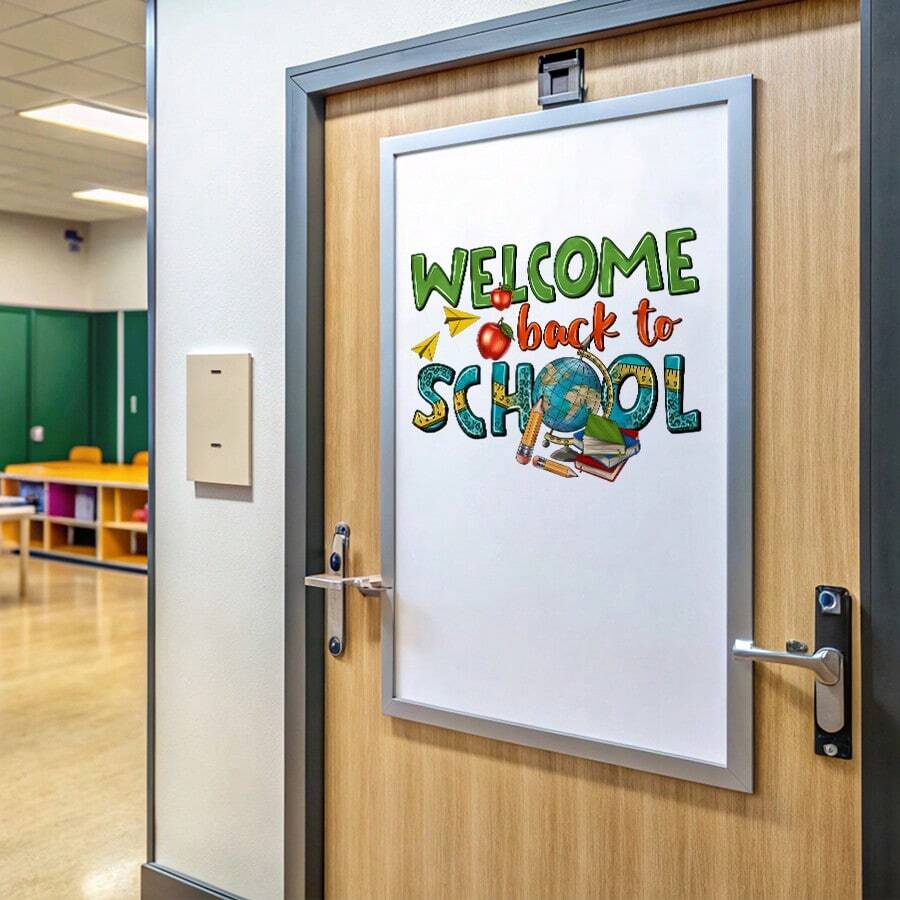 1 Stück Cartoon "Willkommen zurück in der Schule" Wandaufkleber für Kinder, bunter Globus & Apfel Aufkleber, halbmatt PVC, abnehmbar, für Klassenzimmer, Kinderzimmer, Spielzimmer Dekoration - Verschiedenfarbig - Übersicht 1