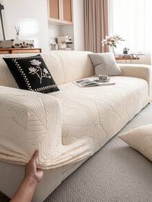 1pc Solid Color Plush Stretch Full Coverage Sofa Cover, Pet Friendly For All Seasons, Machine Washable, Tie Cord Fixation, Holiday Decor Indoor Home Protection, Fits 1/2/3/4 Seater Sofa - Beige - View 3