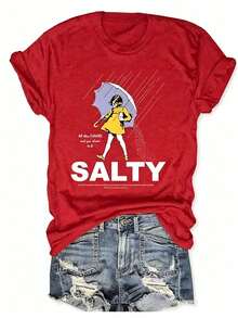 Plus Size Salty With Umbrella Graphic Tee - Vintage Style Summer Beachwear For Women, Perfect For Vacation And Everyday Wear, T-Shirt-Unisex - 紅色 - 查看 13