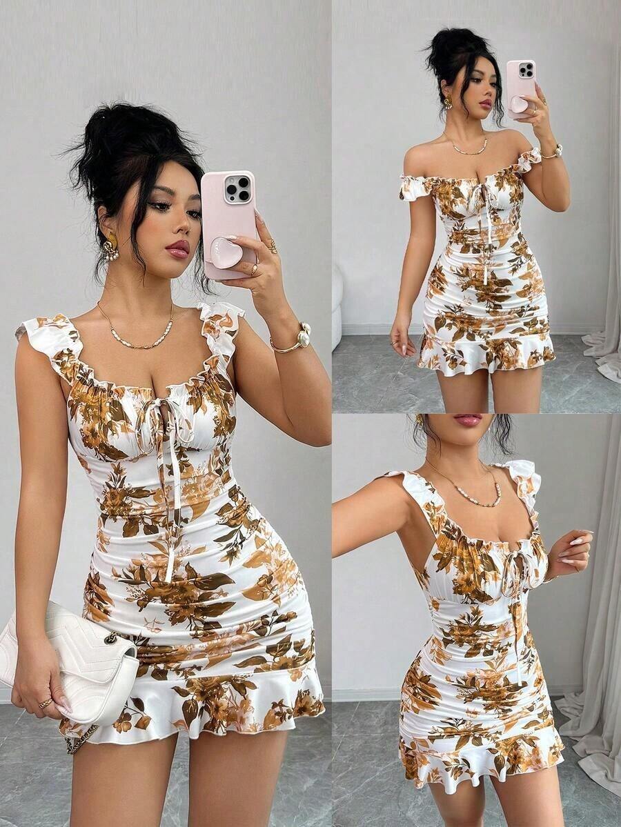Vestido camisero con volantes en el bajo y hombros descubiertos, estilo vintage con estampado - Vestido entallado de línea A - Multicolor - Ver 1