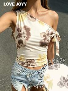 Blusa corta sin mangas con estampado floral asimétrico y lazo de LOVE JOYY, adecuada para citas de verano, vacaciones y estilo casual de calle - Multicolor - Ver 1