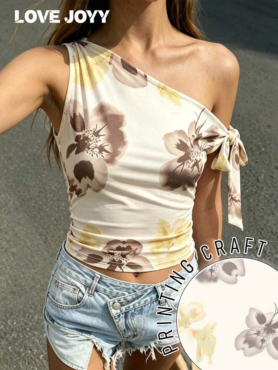 Blusa corta sin mangas con estampado floral asimétrico y lazo de LOVE JOYY, adecuada para citas de verano, vacaciones y estilo casual de calle - Multicolor - Ver 1