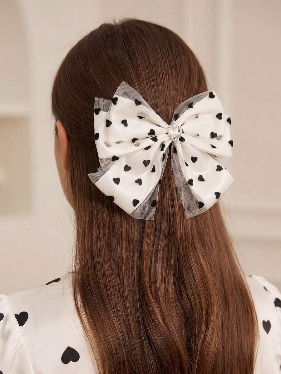 1件女士发饰,法式优雅蝴蝶结,黑色心形网纱波点蝴蝶发夹,适合日常、春夏、度假、派对、装饰、节日、生日等场合 - 彩色 - 查看 1