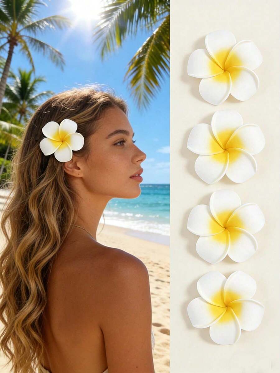 4pcs 6cm/2.36in Faux Flower Egg-Shaped Hair Clips, Suitable For Daily Wear - White - View 1
