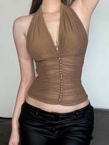 Áo tank top nữ YeonC Chic cổ yếm, xếp ly phía trước với điểm nhấn là cúc ngọc trai, chất liệu polyester co giãn cao. - Màu Khaki - Xem 8