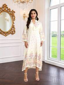 2026 New Style Ramadan Traditional Elegant Embroidered Arabic Dress, Long Sleeve Sweet Fashion JALABIA - White - View 7