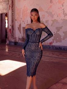 Robe de cocktail élégante en dentelle pour femmes avec encolure en cœur, épaules dénudées, manches longues, dos nu, pour mariage et printemps - Bleu marine - Voir 3