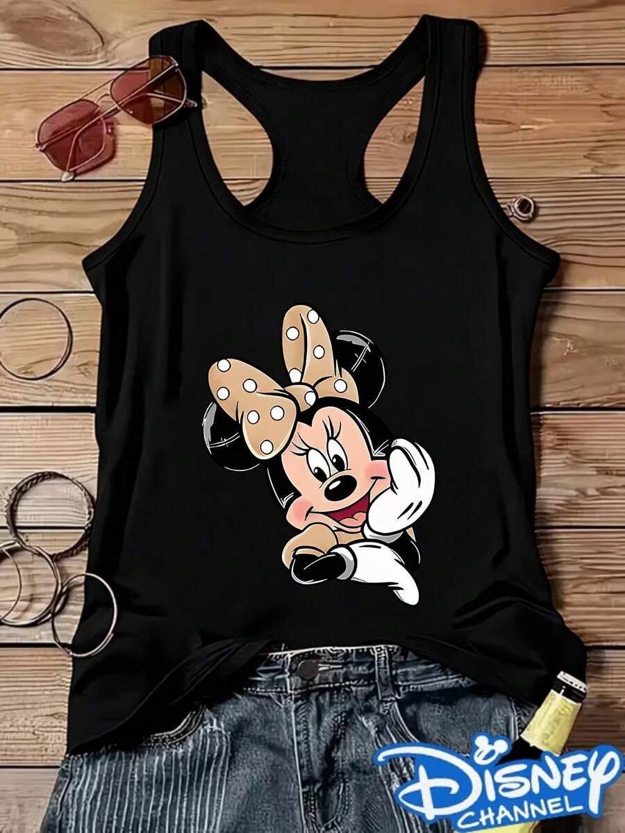 Disney Minnie Polka Dot Print, Women'S Round Neck Sleeveless Vest, Fashionable And Versatile Item Suitable For Home Travel, Comfortable And Loose Version Exclusive For Daily Use - 黑色 - 查看 1