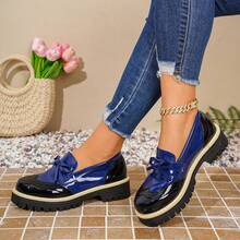 New Colorblock Bow Thick-Sole Loafers For Women, British Style Brogue Carved Leather Shoes, Soft Non-Slip Platform Shoes, School Uniform Style, JK Style Versatile Shoes, Retro Elevator Shoes For Commuting - Blue - View 3