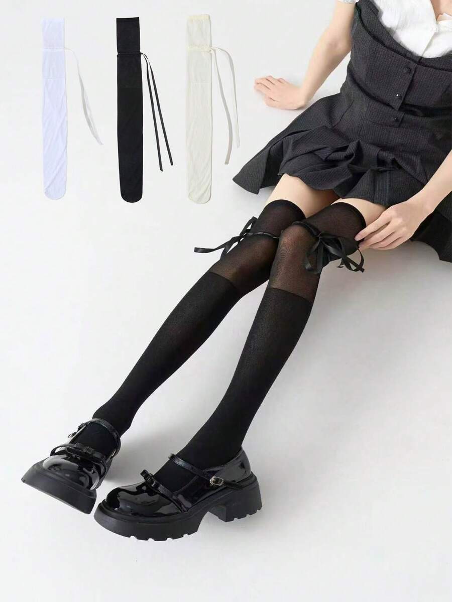 1/3双装女士镂空蝴蝶结过膝袜,大腿袜,适合JK裙,适合年轻女孩,甜美可爱的校园风 - 彩色 - 查看 1