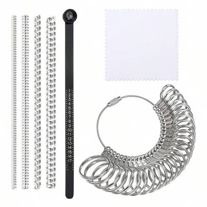 Bộ dụng cụ làm trang sức 1/4/7 món, gồm các vòng quấn trong suốt có thể điều chỉnh, trục định hình có kính lúp kèm dụng cụ đo kích cỡ vòng, khăn lau, và các vòng hợp kim để tự làm trang sức.