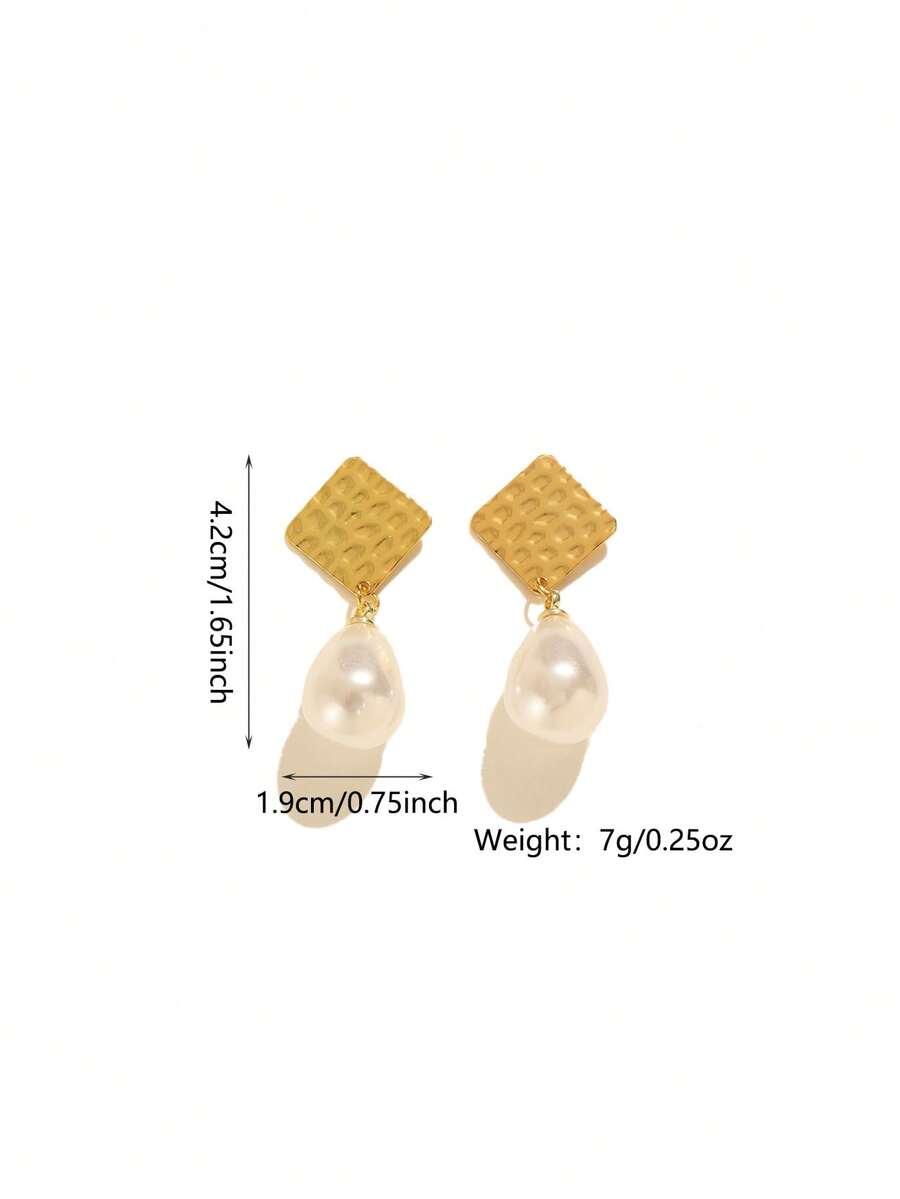 一对优雅的铜合金仿珍珠菱形吊坠耳环，适合女性日常佩戴和节日礼物 - 金黃色 - 查看 1