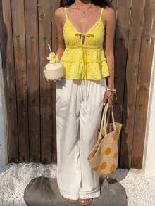 Women'S Apricot Lace Camisole Sexy Top, Solid Woven Fabric With Lace Splice, Suitable For Date Night, Beach Party Summer - 黃色 - 查看 2