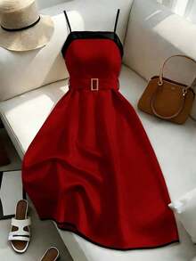 Vestido corto negro y blanco para mujer, conjunto elegante de primavera/verano para mujer, ropa de mujer, vestido formal de alta calidad para mujer - Rojo y negro - Ver 12
