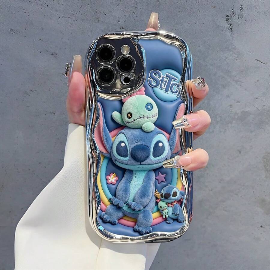 Disney Lilo & Stitch Classic Cartoon Phone Case, Stitch With Scrump & Mini Figure Pattern, Rainbow Ring Frame Design On Blue Base, Silver Electroplated Wavy Curved Edge Soft Shockproof Protective Cover, Compatible With IPhone 17, 16, 15, 14, 13, 12, 11 Pro Series. Ideal Thoughtful Gift For Family, Friends, Birthday Celebrations, Holiday Presents And All Special Daily Occasions. - 銀色 - 查看 1