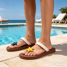 Dép xỏ ngón nữ họa tiết trái tim và ngôi sao dễ thương, dép đi biển nhẹ, chống trơn trượt, dép lê thời trang Hàn Quốc thoải mái cho kỳ nghỉ. - màu nâu - Xem 5