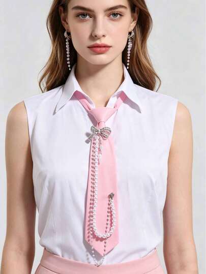 1pc Women's Fashion Faux Crystal Bow Tie With Faux Pearl Chain Decor, Suitable For Street, Dating, Photography, Gift Choice