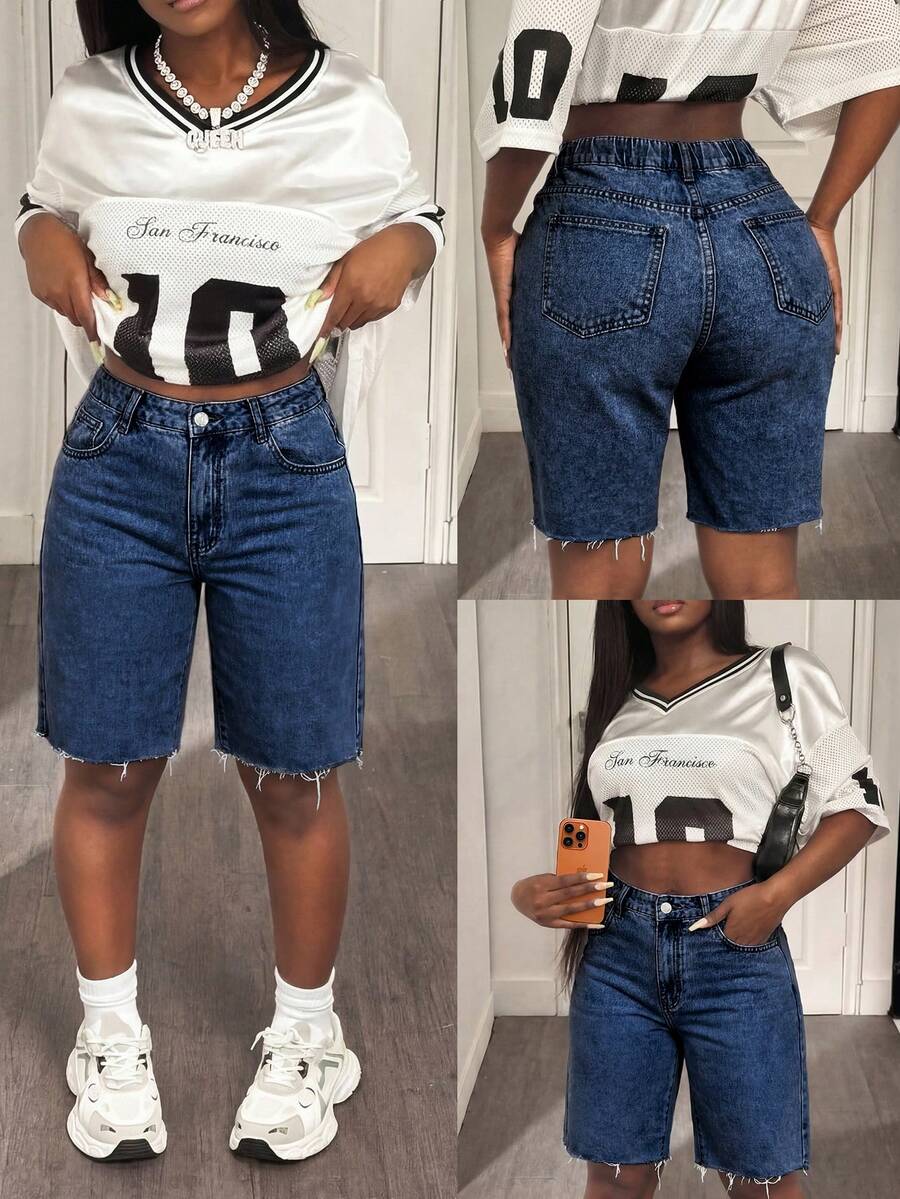 Plus Size Distressed Frayed Hem High Waist Washed Denim Shorts, Stretchy Fabric, Suitable For Dates, Outings In Summer, Sexy Retro Versatile All-Match Style Casual