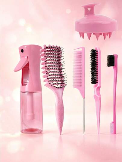 1pc/6pcs Hair Styling Tools, Including Spray Bottle, Double-Sided Comb, Styling Comb, Pointed Tail Comb, Mouse Tail Comb, Edge Brush, Massage Brush