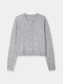 Women's Round Neck Pearl Button Long Sleeve Knitted Cardigan, Women's Short Loose Lazy Warm Comfortable Solid Color Sweater Jacket, New Year Top - Xám - Xem 2