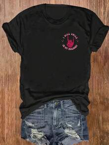 Women's Letter Print Rayon T-Shirt - Casual Crew Neck Blouse Made Of Rayon Fabric, Medium Stretch & Suitable For All Seasons, Machine Washable, Great For Daily Wear Or Layering, Not Smooth Texture (Regular Fit) - Black - View 3