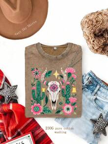 Women's Casual Cow Skull & Cactus Print Short Sleeve T-Shirt, Round Neck Polyester Top For A Boho Summer Style - 咖啡色 - 查看 12