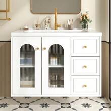 [With Ceramic Sink] 80cm Multifunctional Floating Bathroom Vanity Unit, MDF Board, Large Storage Capacity: 2 Drawers + Cabinet With Glass Door (Semi-Transparent, With Adjustable Shelves) - 白色 - 查看 4