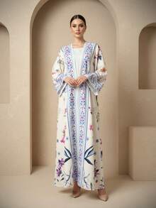 Bộ 2 món áo khoác cardigan/abaya in họa tiết kín đáo kèm khăn trùm đầu, kiểu dáng Trung Đông Dubai. - trắng - Xem 5