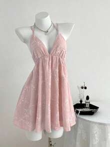 Vestido de mujer con cuello en V profundo, tirantes de espagueti, espalda descubierta y volantes, con textura floral azul, sexy y cautivador para vacaciones en la playa en verano - Rosa - Ver 11