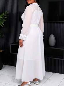 AOMEI Plus Size Women Elegant White Chiffon Two Pieces Set Mock Neck Long Sleeve Ruffles Button Maxi Dress With Belted Button Front For Wedding Guest Formal Occasions - White - View 3