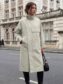 Zip Up Button Front Trench Coat - Beige - View 1