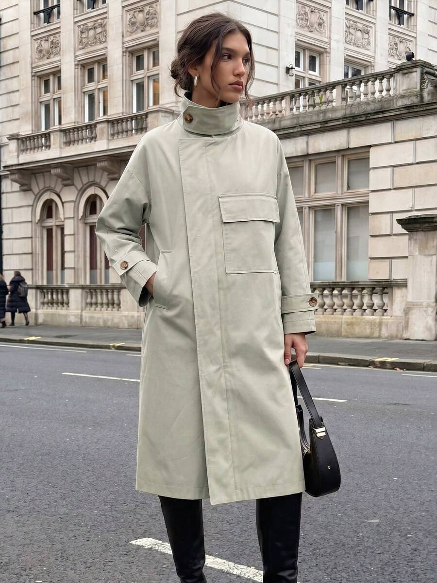 Zip Up Button Front Trench Coat - Beige - View 1