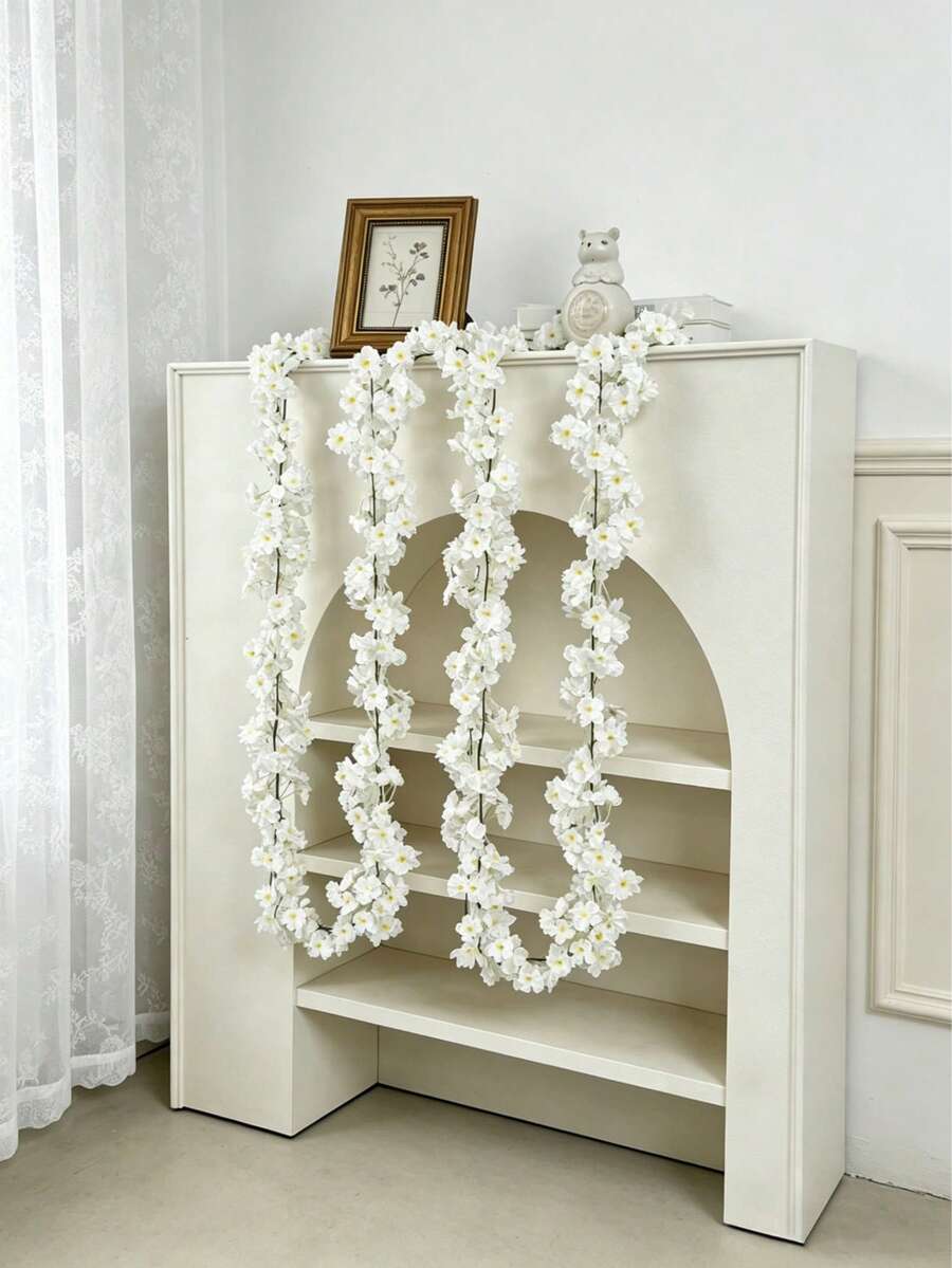 4pcs/7pcs Silk Cherry Blossom Vine, Suitable For Valentine's Day, Bridal Bouquet, Autumn Decor, Wedding, Home, Restaurant, Bedroom, Holiday, Birthday Party, Outdoor Garden. (Flowers Made Of Silk, Stems Made Of Plastic. Please Do Not Pull Hard To Avoid Flower Detachment) - White - View 1