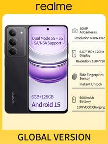 Realme 14X 5G Unlocked Smartphone: 6.67" FHD+ 120Hz Display, Dimensity 6300 5G Chip, 6GB+128GB, 5000mAh Battery With 15W Charging, Android 15 (Black) - Black - View 2