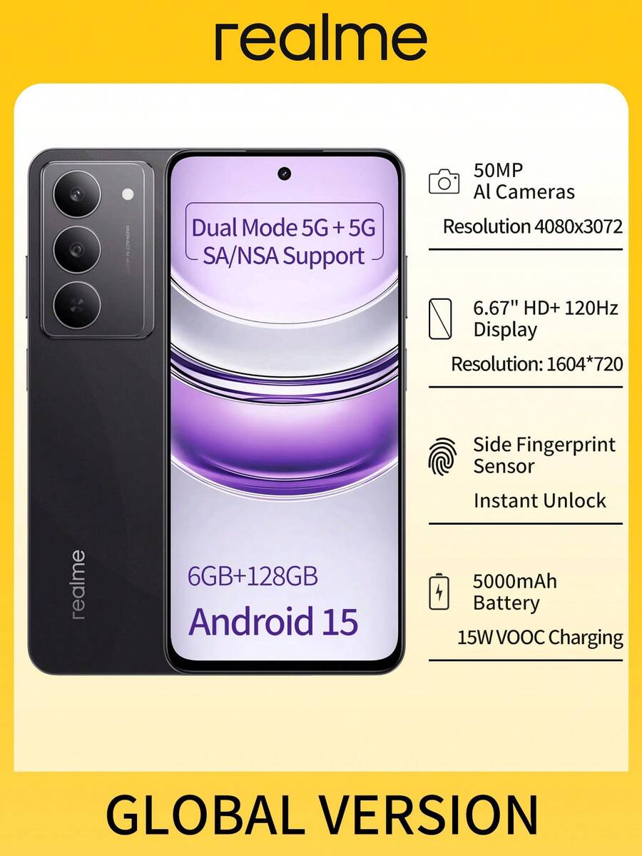 Realme 14X 5G Unlocked Smartphone: 6.67" FHD+ 120Hz Display, Dimensity 6300 5G Chip, 6GB+128GB, 5000mAh Battery With 15W Charging, Android 15 (Black)