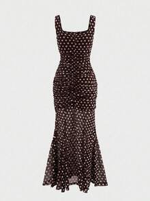 Polka Dot Elegant Party Casual Vacation Date Pleated Fishtail Hem Sleeveless Dress - Brown - View 7