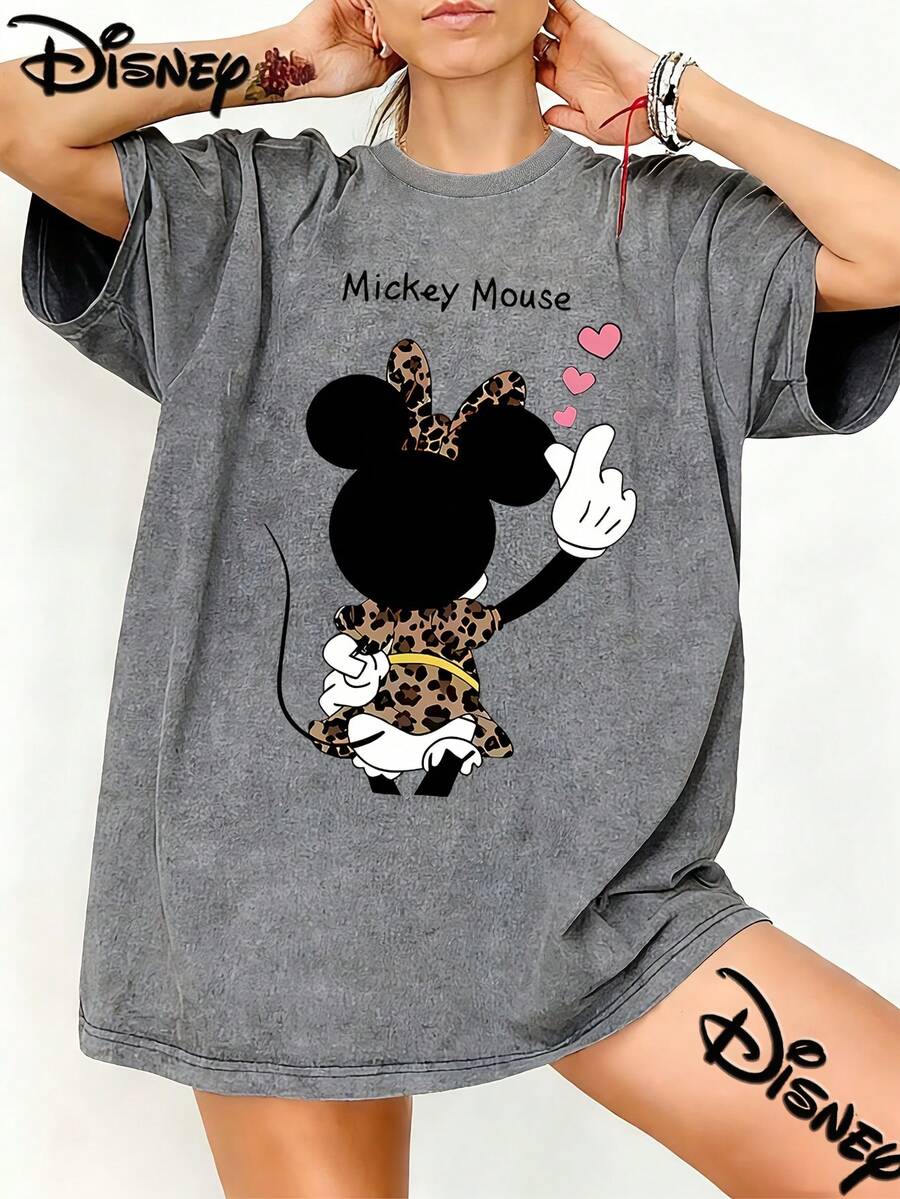 Disney Cartoon Print Oversized Vintage Washed T Shirt With Design Letter M Shape Leopard Print Minnie Streetwear 2026 Spring Summer Retro Fashion Must Have Crew Neck Tee - Grey - View 1