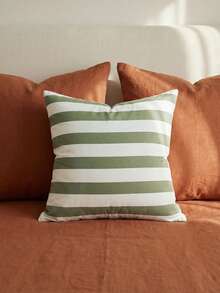 1pc 100% Cotton Green Nordic Striped Decorative Pillow Cover, Invisible Zipper, No Pillow Insert, Suitable For Living Room, Dining Room And Bedroom Decor, Linen-Like Texture, Minimalist Style - Multicolor - View 2